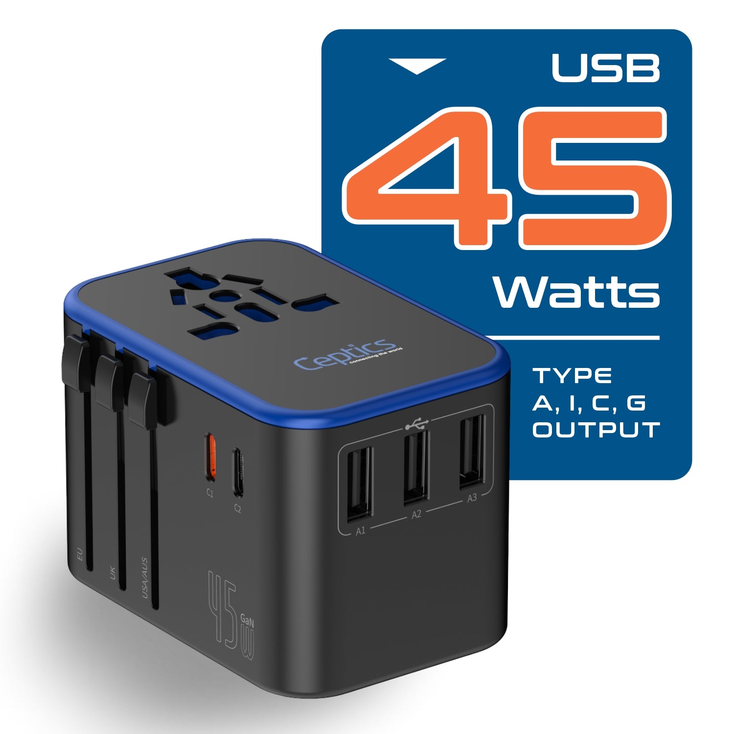 All-In-One International Travel Adapter Plug - 2 USB-C (PD & QC) - 3 USB Ports (UP-11KU)
