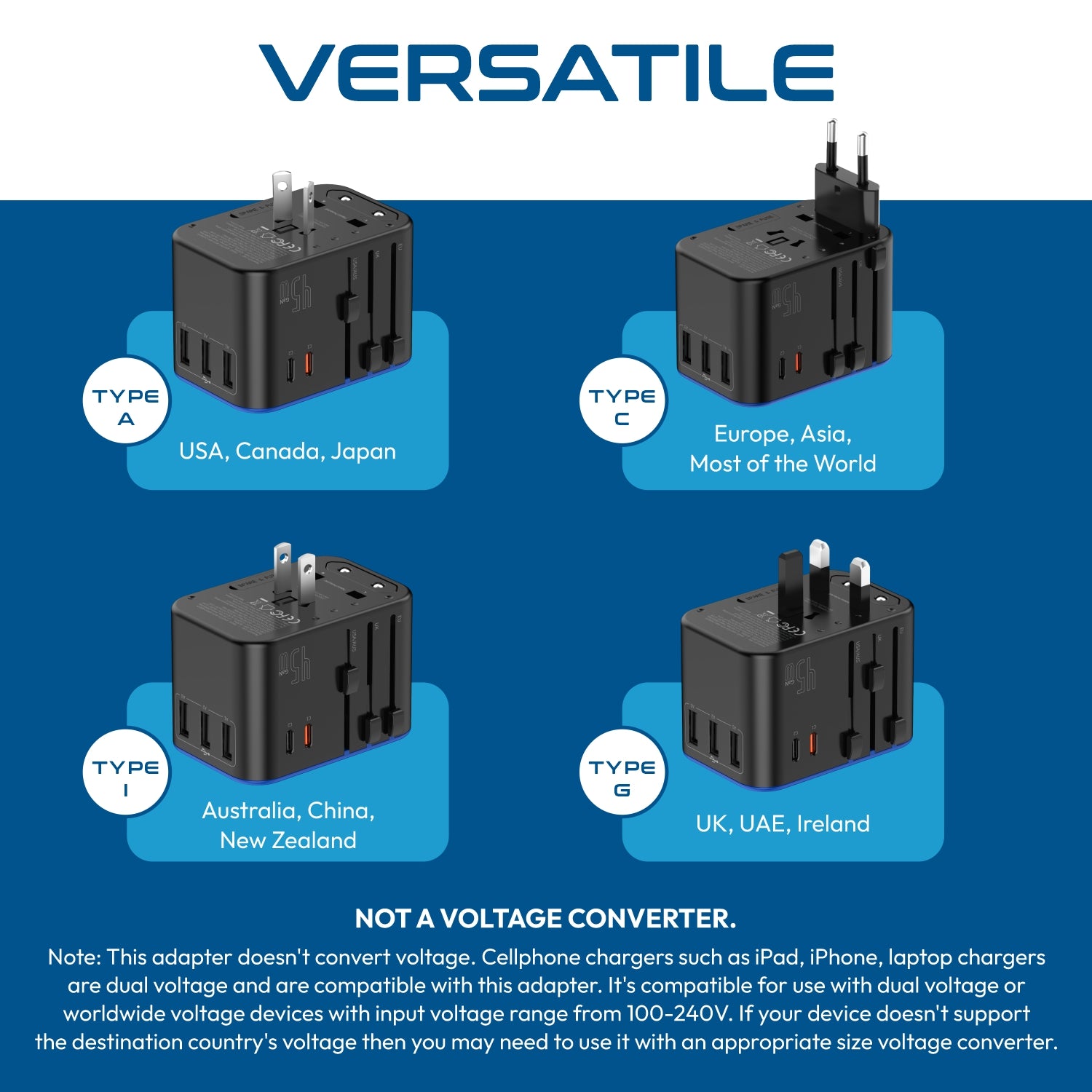 All-In-One International Travel Adapter Plug - 2 USB-C (PD & QC) - 3 USB Ports (UP-11KU)
