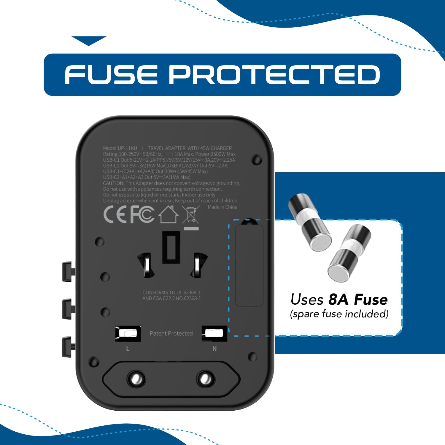 All-In-One International Travel Adapter Plug - 2 USB-C (PD & QC) - 3 USB Ports (UP-11KU)