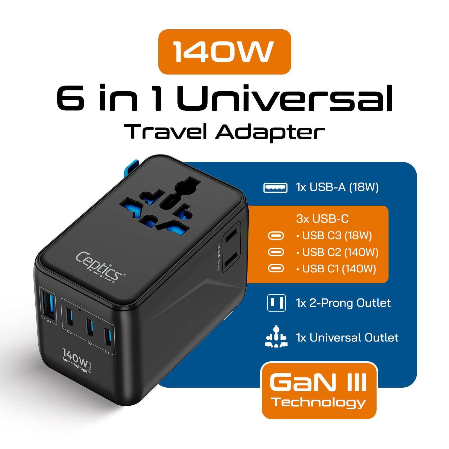 140W Universal Travel Adapter - 3 USB-C, 1 USB-A, Universal and USA/JP