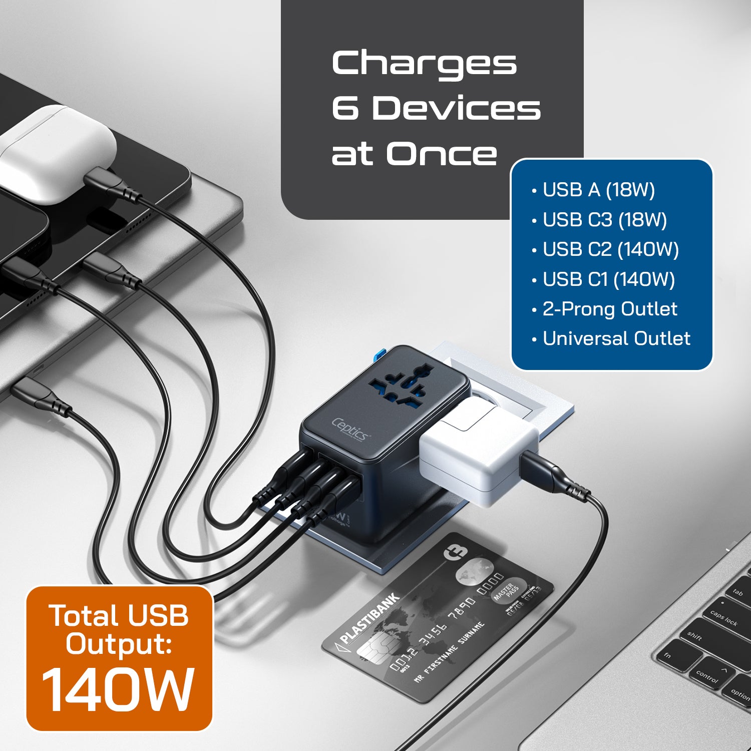 140W Universal Travel Adapter - 3 USB-C, 1 USB-A, Universal and USA/JP