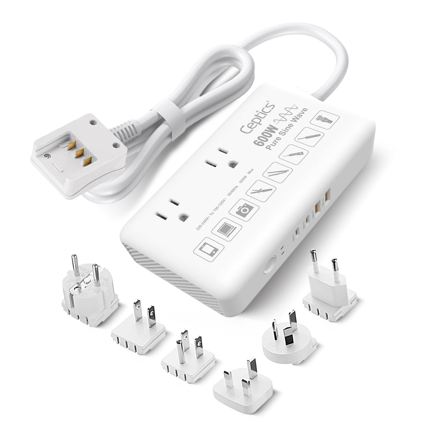 600W Pure Sine Wave Step Down Converter – 2x 600W, outlets & 2x USB-A + 2x USB-C – AC 220-240V to 110V-120V Travel Voltage Converter - (VC-S600)