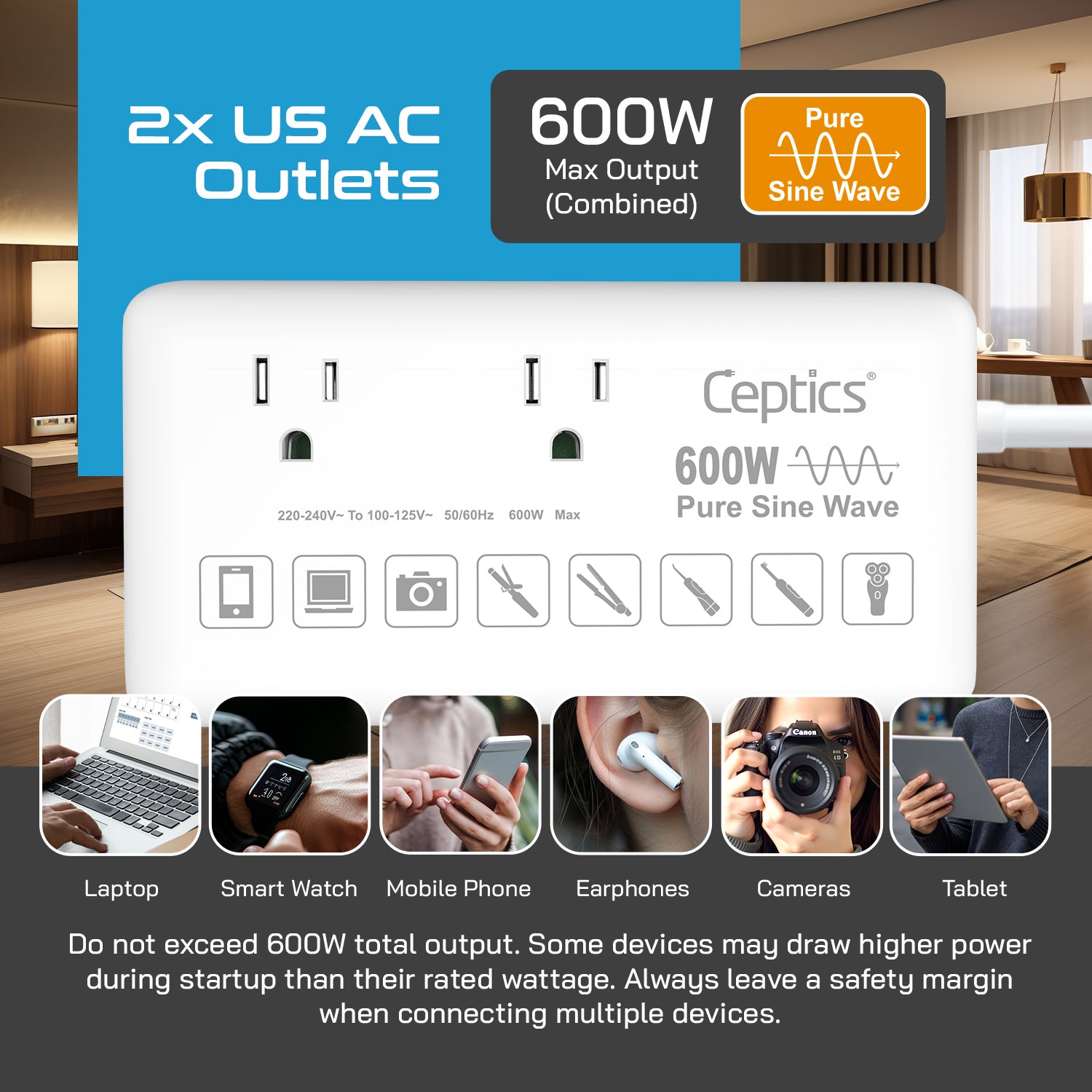 600W Pure Sine Wave Step Down Converter – 2x 600W, outlets & 2x USB-A + 2x USB-C – AC 220-240V to 110V-120V Travel Voltage Converter - (VC-S600)