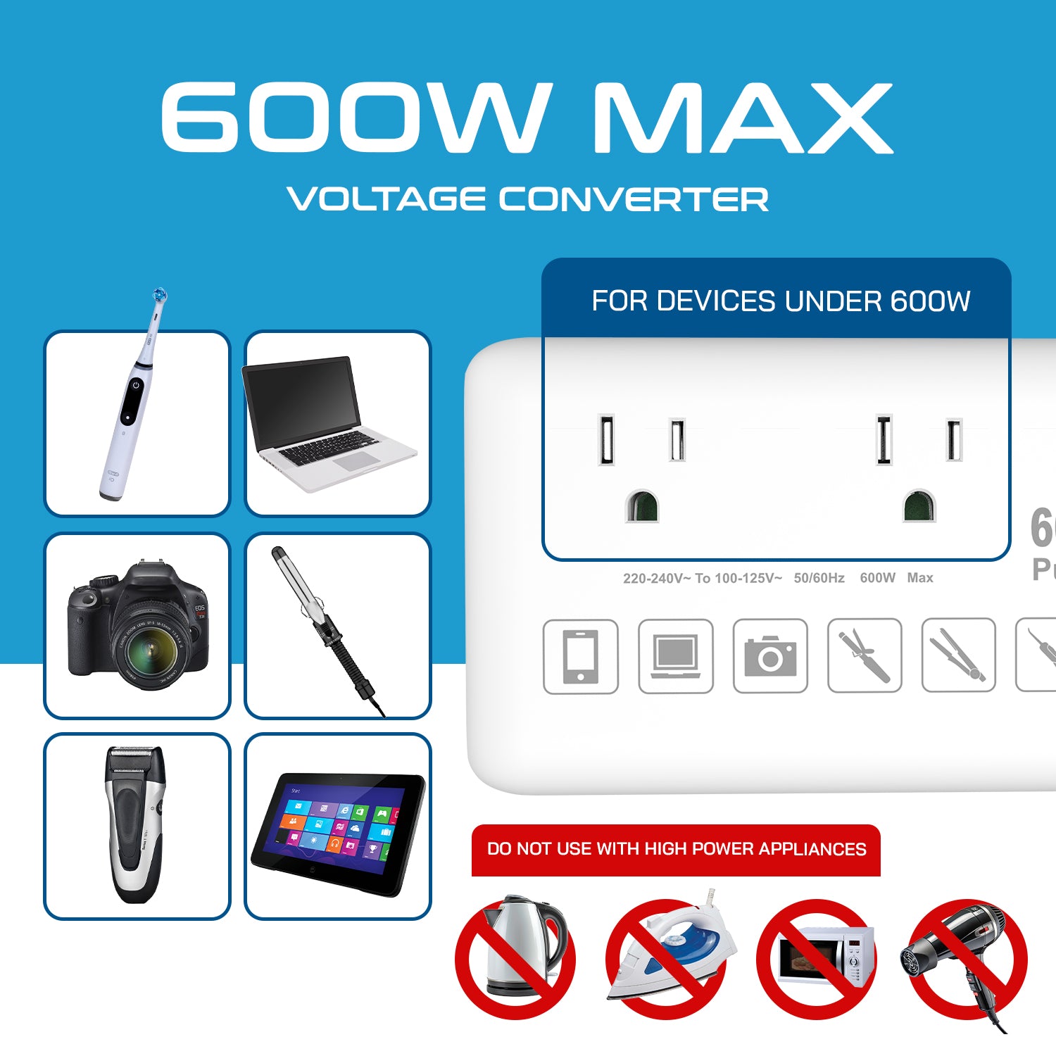 600W Pure Sine Wave Step Down Converter – 2x 600W, outlets & 2x USB-A + 2x USB-C – AC 220-240V to 110V-120V Travel Voltage Converter - (VC-S600)