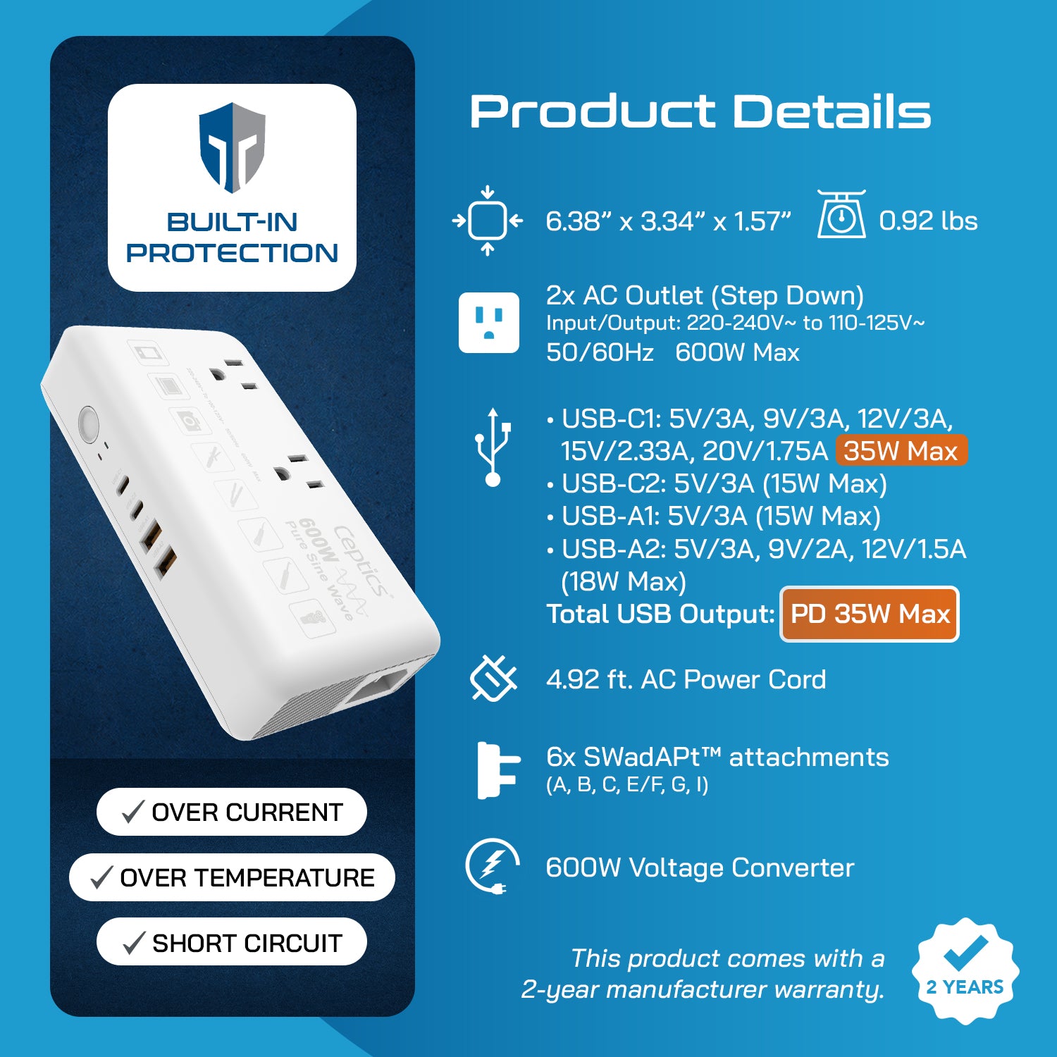 600W Pure Sine Wave Step Down Converter – 2x 600W, outlets & 2x USB-A + 2x USB-C – AC 220-240V to 110V-120V Travel Voltage Converter - (VC-S600)