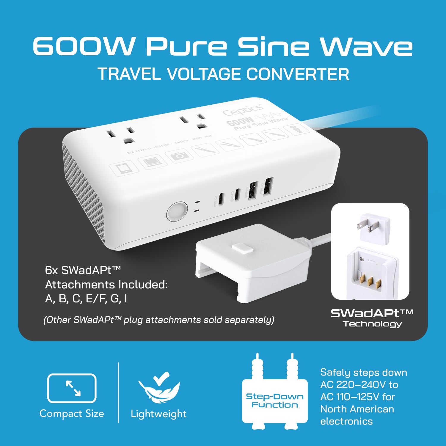 600W Pure Sine Wave Step Down Converter – 2x 600W, outlets & 2x USB-A + 2x USB-C – AC 220-240V to 110V-120V Travel Voltage Converter - (VC-S600)