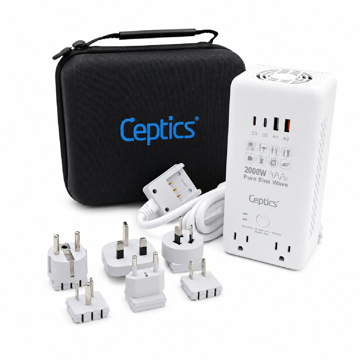 2000W Pure Sine Wave Step Down Converter – 2x 2000W, outlets & 2x USB-A + 2x USB-C – AC 220-240V to 110V-120V Travel Voltage Converter - (VC-S2000)