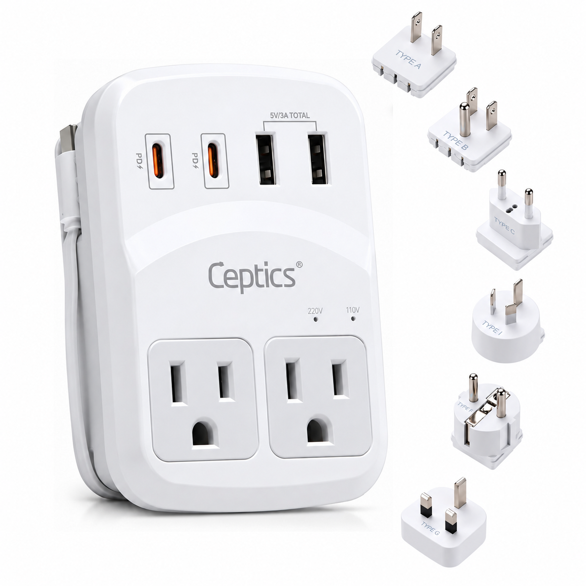 World-Way 6 Travel Adapter Kit | 2 USB-A + 2 USB-C + 1 USB-C Cable + 2 US Outlets - Grounded (WPS-5B)