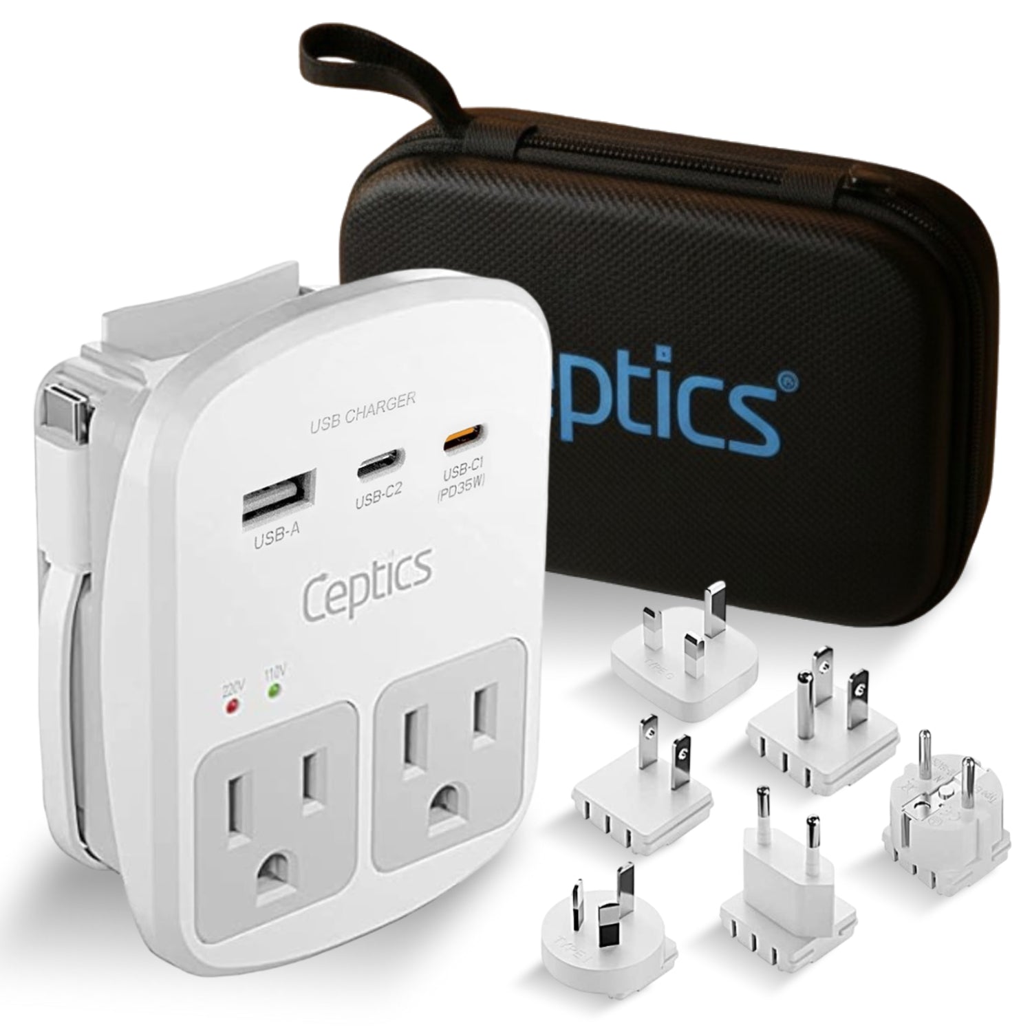 World-Way Travel Adapter Kit | 1 USB-A, 1 USB-C and 1 PD 35W USB-C por