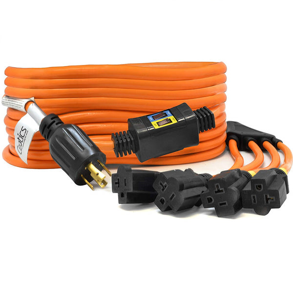 30A L14-30P to 4x 5-15/20R Generator Distribution Power Cord w/ Breaker Switch | 12 AWG