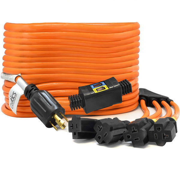30A L14-30P to 4x 5-15/20R Generator Distribution Power Cord w/ Breaker Switch | 12 AWG