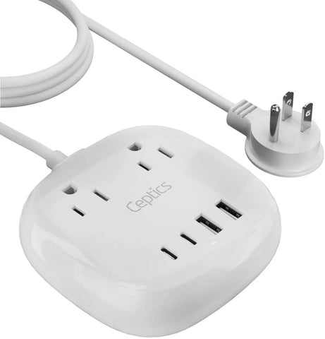 65W USB Power Strip with Dual USB + USB-C, 2 USA Input - Surge Protection (PS-2B4U-65W)