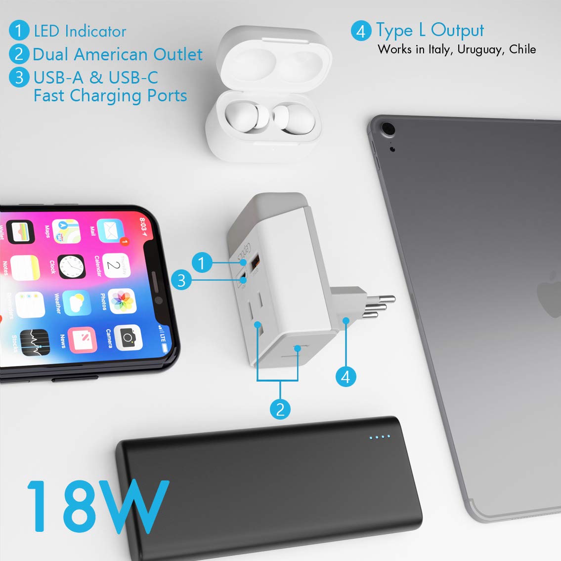 Tour De Prises Revolt 13 En 1 : 9 Prises, 3 USB-A, 1 USB-C PD20W, Blanc, Partie Supérieure Amovible