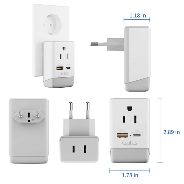 European Travel Adapter | Type C - USB-A & USB-C Ports + 2 USA Outlet (AP-9C)