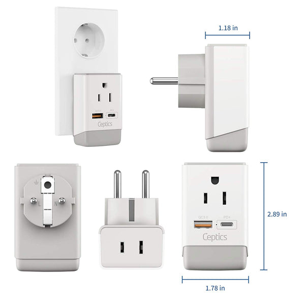 Europe (Schuko) Travel Adapter | Type E/F - USB-A & USB-C Ports + 2 USA Outlet (AP-9)