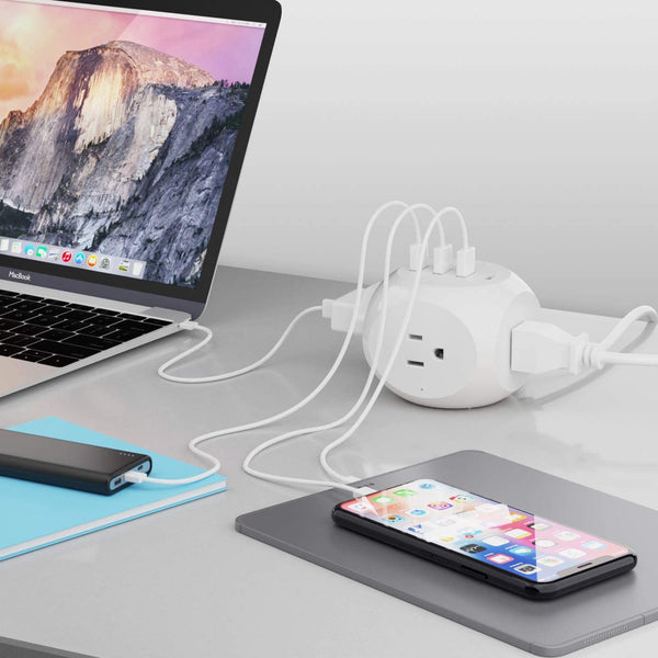 21W Power Strip - Small & Compact - Grounded Dual USB + USB-C - 3 USA Input (PS-3B4U-21W)