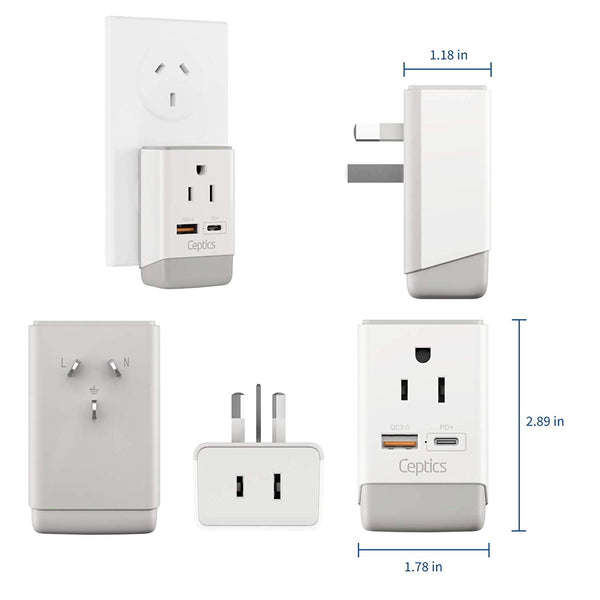 Australia, China Travel Adapter | Type I - USB-A & USB-C Ports + 2 USA Outlet (AP-16)