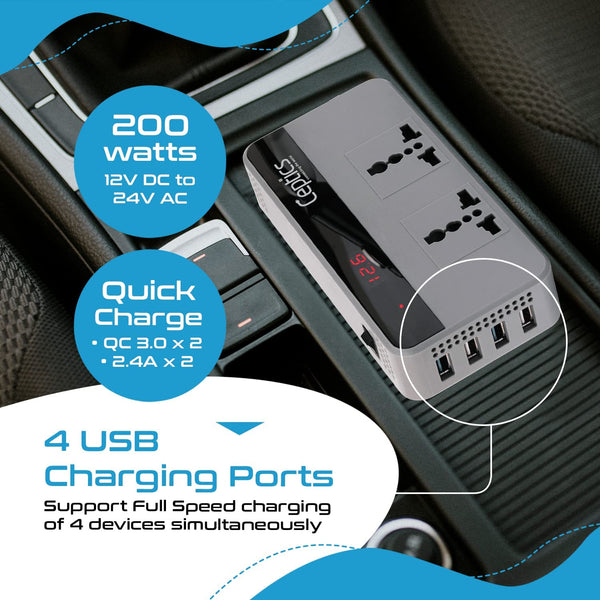 Ceptics 200W Car Power Inverter Charger with Digital Display and SmartVoltage™ Technology (PI-200W4U)