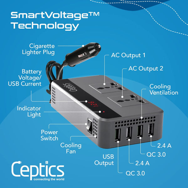 Ceptics 200W Car Power Inverter Charger with Digital Display and SmartVoltage™ Technology (PI-200W4U)