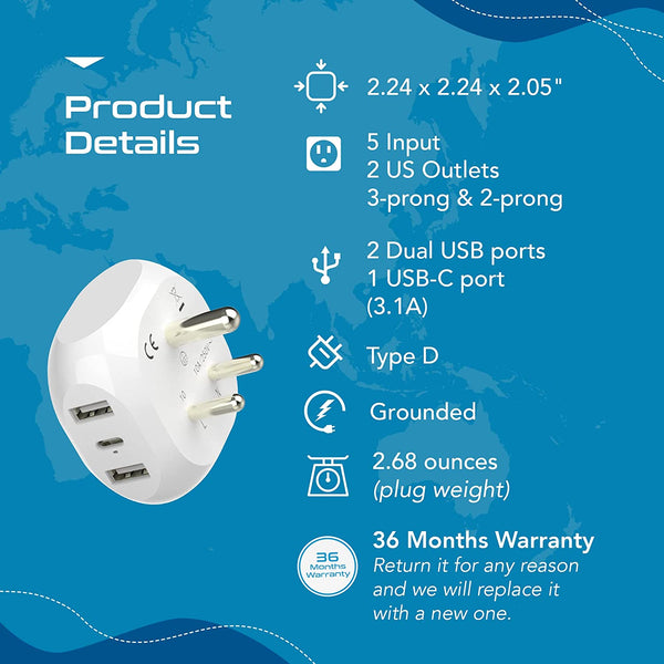 India, Pakistan Plug Adapter - Type D - 5 in 1 - Ultra Compact (PTU-10)