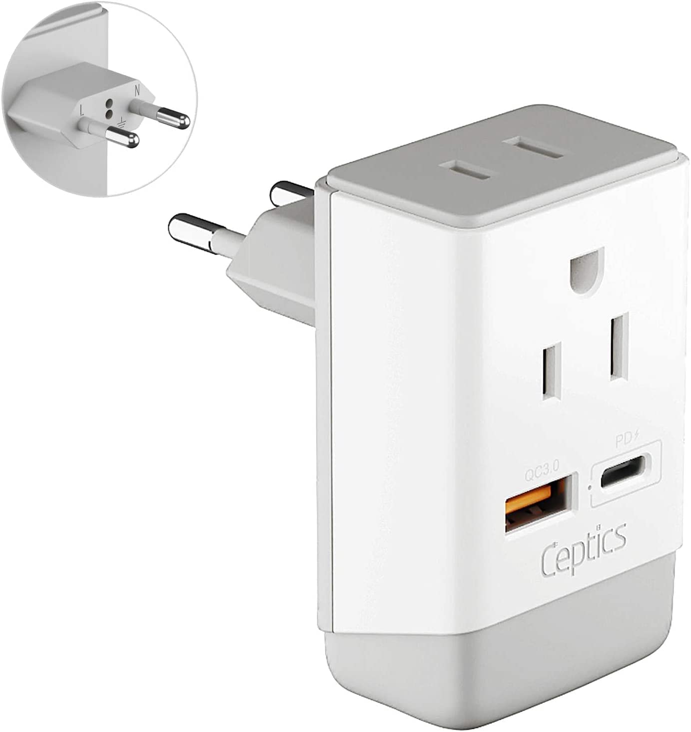 Europe Travel Adapter, Ceptics Ultra Compact Dual USB Power Plug - for European Type C - 3 Inputs - iPhone, Laptop, Galaxy, Cell Phones, Camera Charge, white
