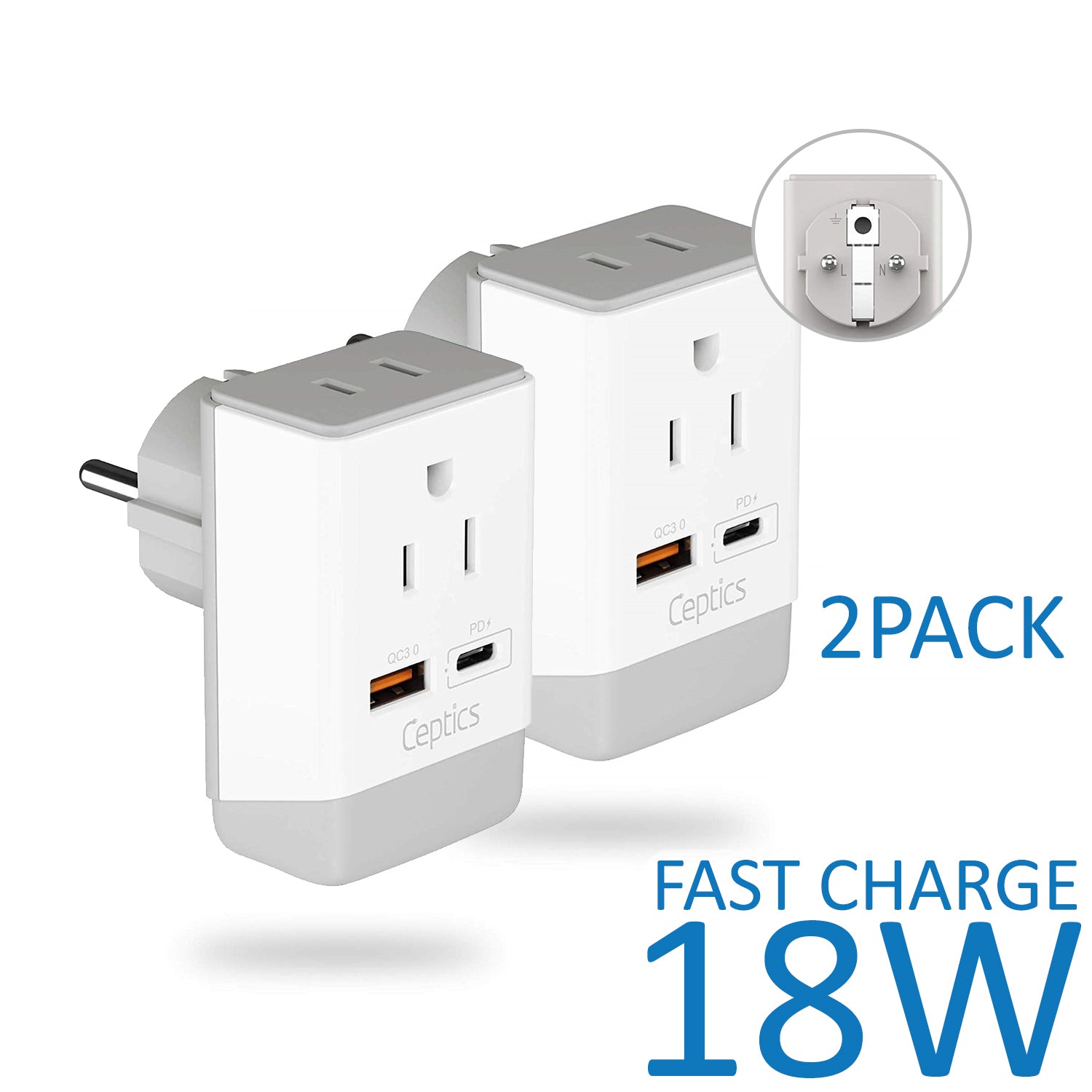 Europe (Schuko) Travel Adapter | Type E/F - USB-A & USB-C Ports + 2 USA Outlet (AP-9)