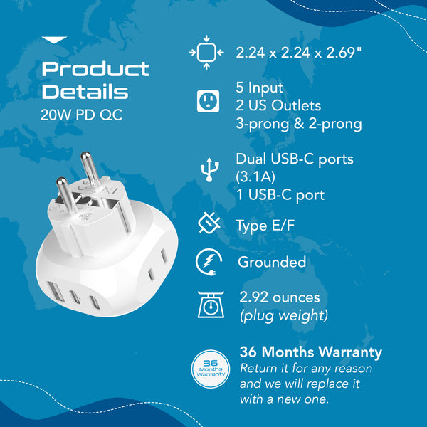 European Schuko Travel Plug Adapter - Type E/F - 5 in 1 - Ultra Compact (PTU-9)