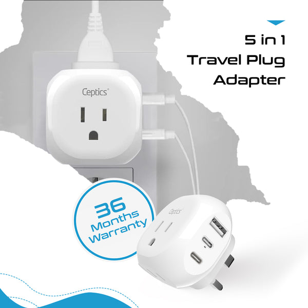 UK, England Travel Adapter Plug - Type G - 5 in 1 - Ultra Compact (PTU-7)