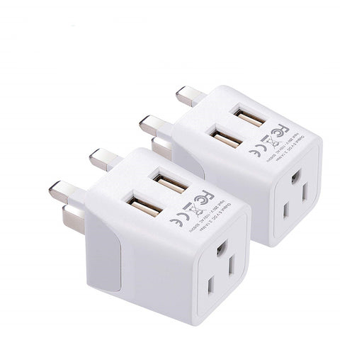 UK, England Travel Adapter Plug with Dual USB - Type G - 2 Pack