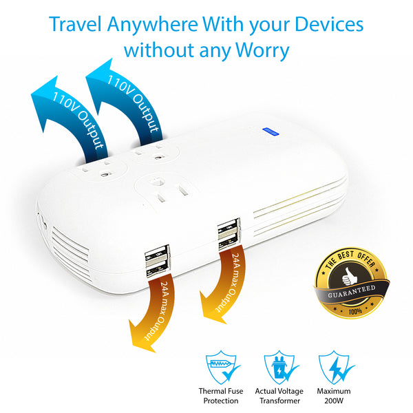 200W Travel Voltage Converter Transformer - 3 Outlets + 4 USB - 220V to 110V (PU-200)