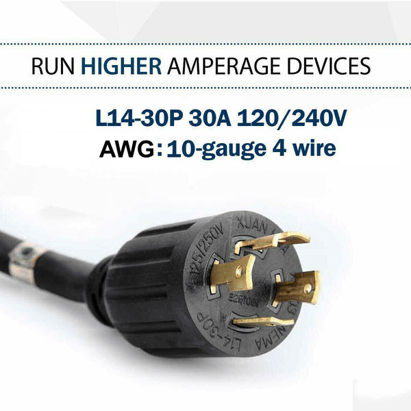 30A L14-30P to 4x 5-15/20R Generator Distribution Power Cord | 10 AWG