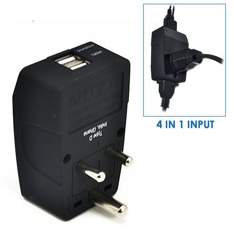 India Travel Adapter - Type D - 4 in 1 - 2 USB Ports (GP4-10)