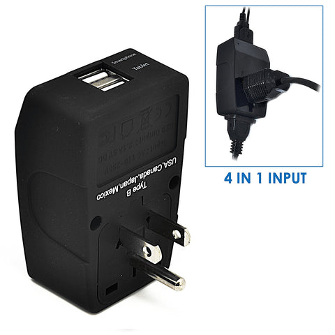 USA Travel Adapter - Type B - 4 in 1 - 2 USB Ports (GP4-5)