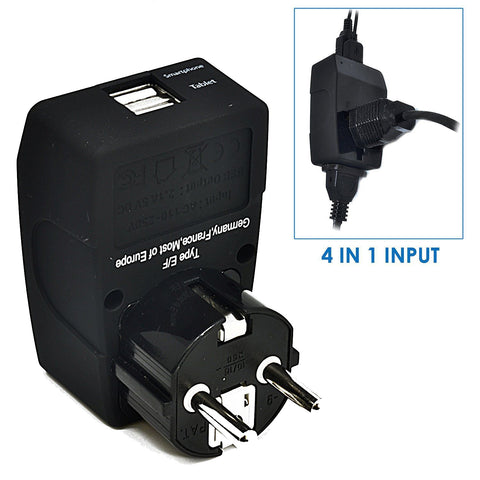 European Schucko Travel Adapter - Type E/F - 4 in 1 - 2 USB Ports (GP4-9)