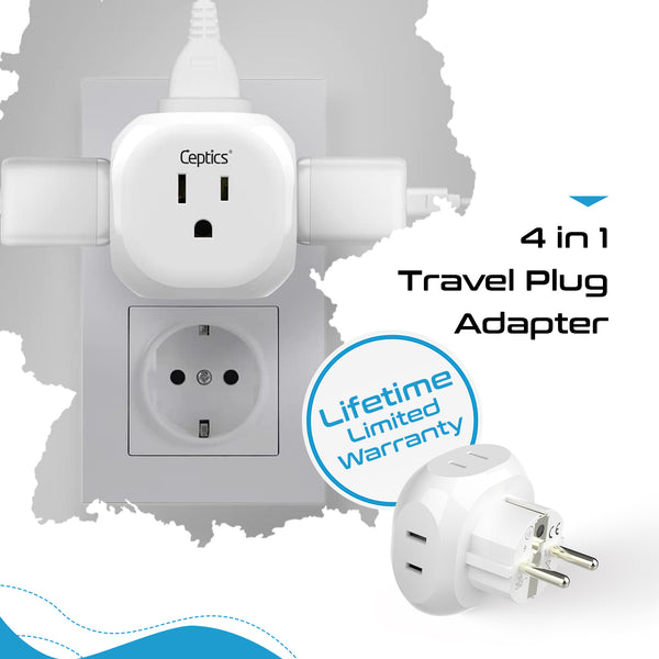 European Schuko Travel Plug Adapter - 4 in 1 - Ultra Compact - Light Weight (PT-9)