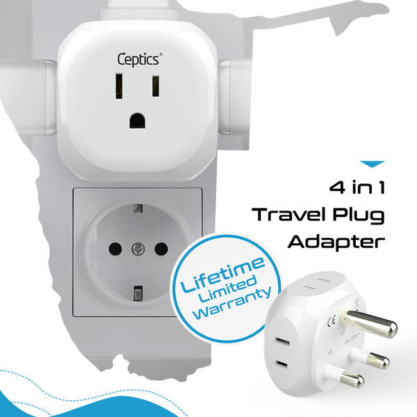 South Africa Travel Plug Adapter - 4 in 1 - Ultra Compact - Light Weight (PT-10L)