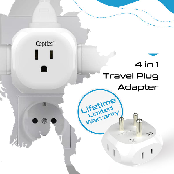 India, Pakistan Travel Plug Adapter - 4 in 1 - Ultra Compact - Light Weight (PT-10)