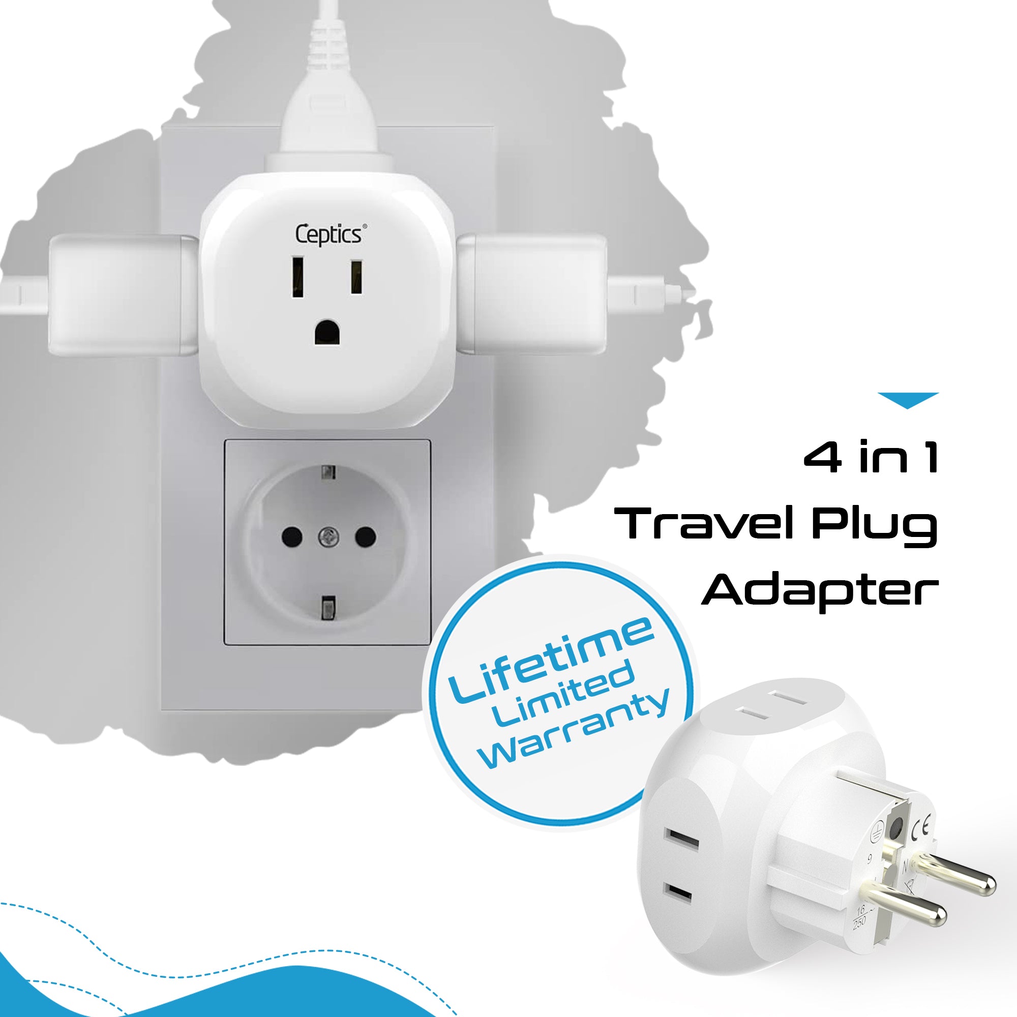 Ceptics Europe Travel Adapter Plug Set Schuko - 4 Input - Ultra Compact - Light Weight Type C, Type E/F