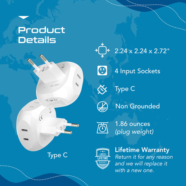 European Travel Plug Adapter - 4 in 1 - Ultra Compact - Light Weight (PT-9C)