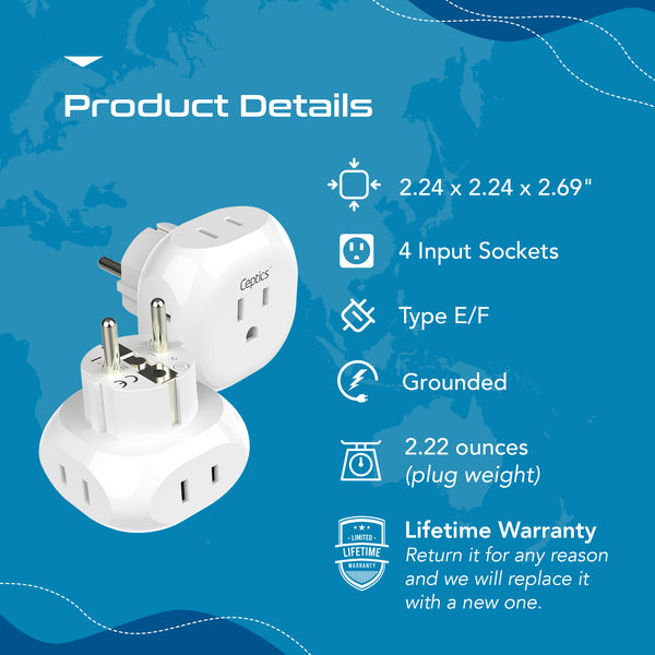 European Schuko Travel Plug Adapter - 4 in 1 - Ultra Compact - Light Weight (PT-9)