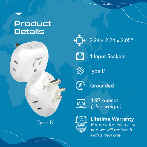 India, Pakistan Travel Plug Adapter - 4 in 1 - Ultra Compact - Light Weight (PT-10)
