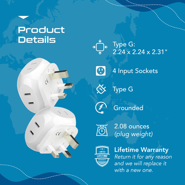 UK, Ireland Travel Plug Adapter - 4 in 1 - Ultra Compact - Light Weight (PT-7)