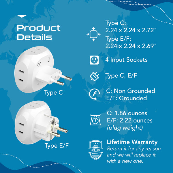 European Travel Adapter Set- 4 in 1 - Ultra Compact - Light Weight (PT-9-9C-4PK)