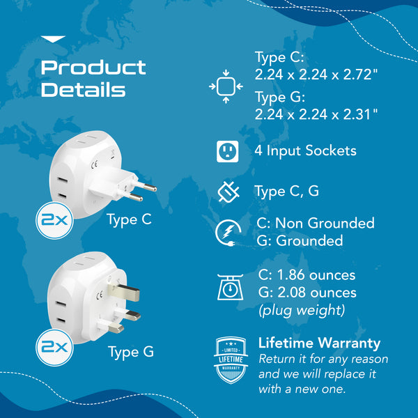 Europe Travel Adapter Set- 4 in 1 - Ultra Compact - Light Weight (PT-9C-7-4PK)