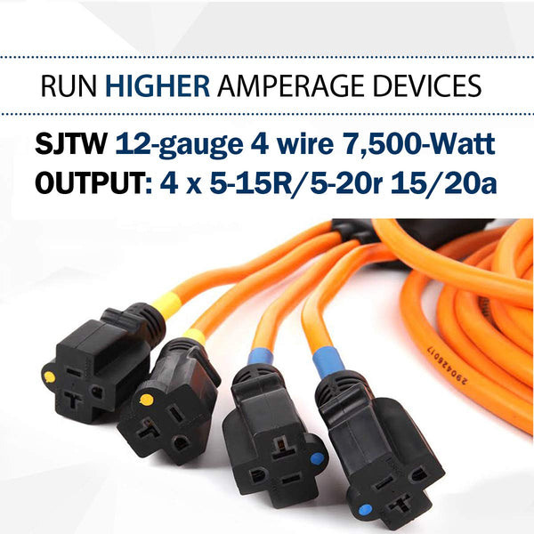 30A L14-30P to 4x 5-15/20R Generator Distribution Power Cord w/ Breaker Switch | 12 AWG