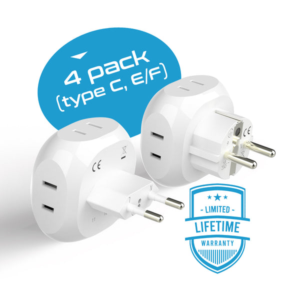 European Travel Adapter Set- 4 in 1 - Ultra Compact - Light Weight (PT-9-9C-4PK)