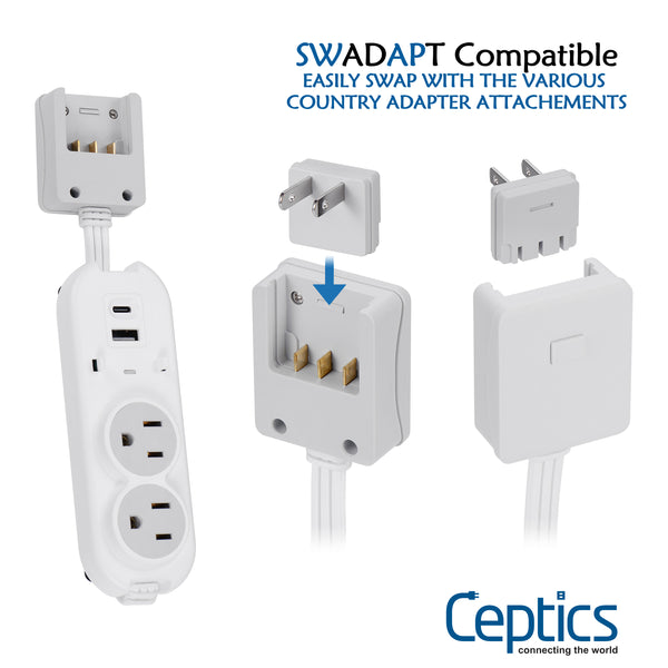 Compact Travel Power Strip - 2 US Outlets, USB & USB-C Ports - Grounded (PS-2U+)