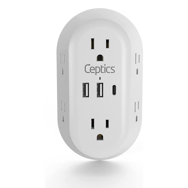 Wall Power Strip Charger by Ceptics - Small & Compact - Surge Protector 1800J - Grounded Dual USB - 6 USA Outlets Input