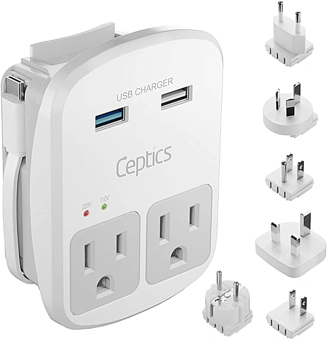 Ceptics Adaptador de enchufe europeo, enchufe de alimentación internacional  con USB y USB-C, 2 enchufes de EE. UU., QC 3.0 y PD - Adaptador de salida