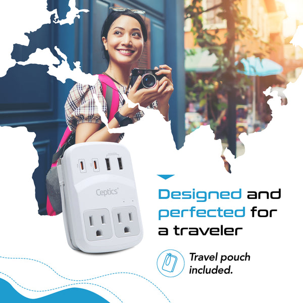 World-Way 6 Travel Adapter Kit | 2 USB-A + 2USB-C + 2 US Outlets - Grounded